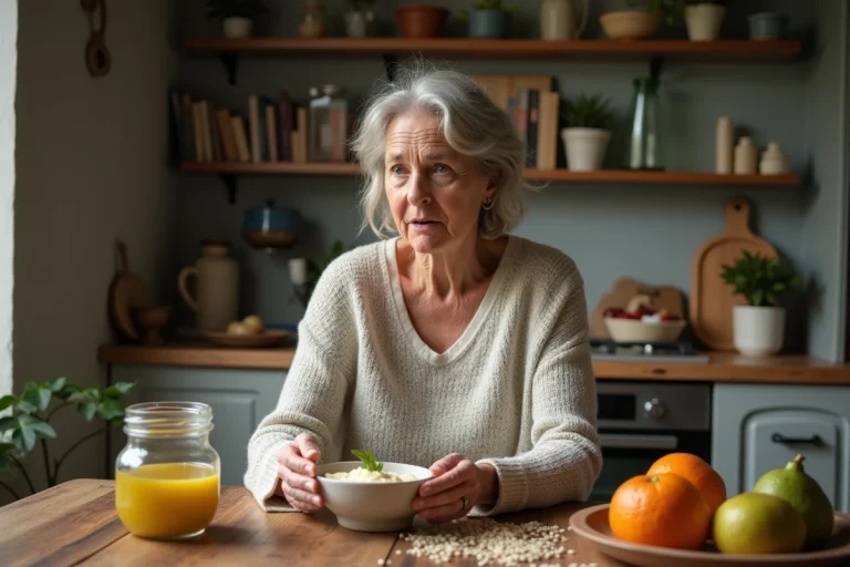 Femme dans la cuisine examine la crème Budwig maison