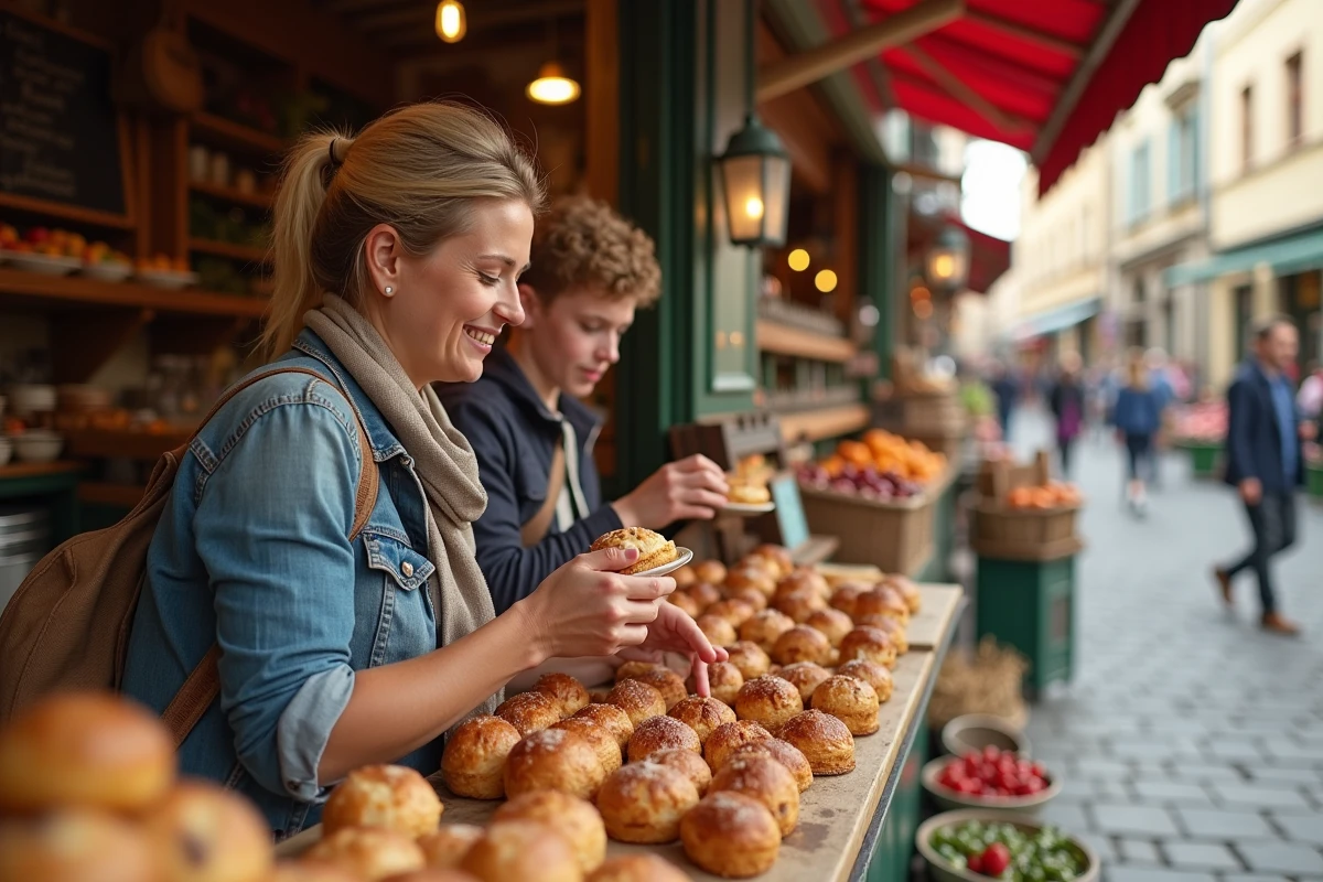 Femme et garçon dégustant des pâtisseries au marché