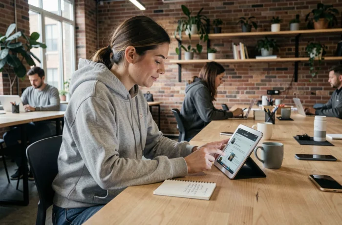 Jeune femme consultant le forum ASM Cybervulcans sur une tablette dans un espace de coworking moderne