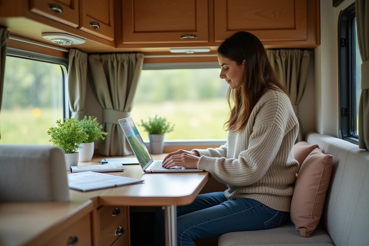 Femme travaillant sur ordinateur dans un motorhome organisé