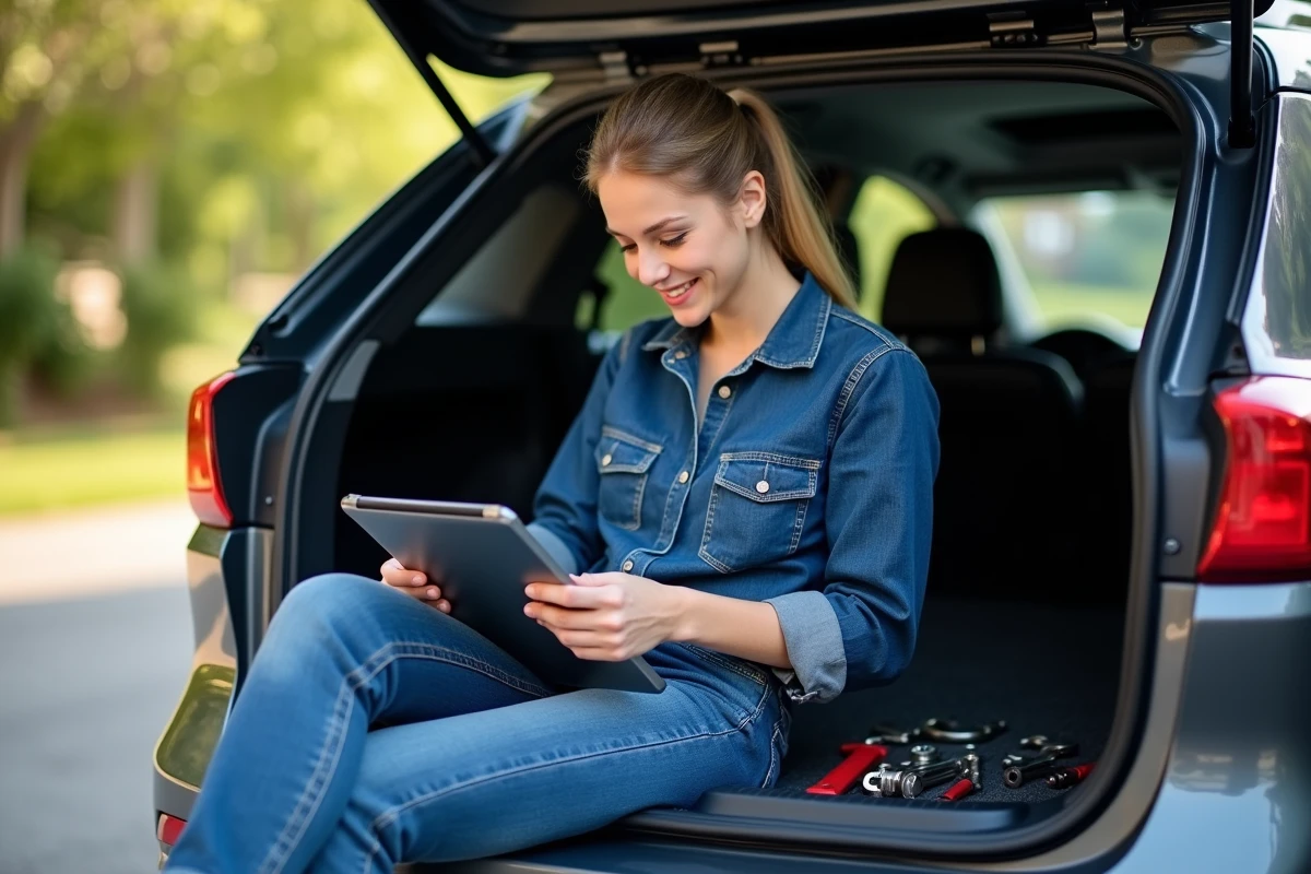 Femme vérifiant un PDF auto dans le coffre d
