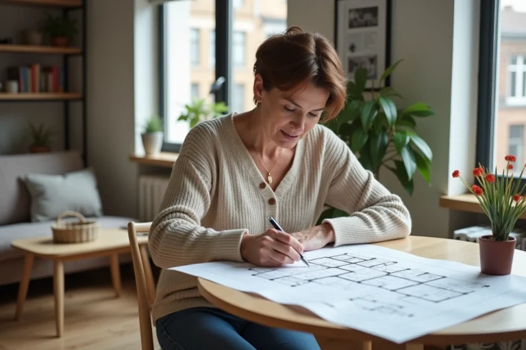 Femme examinant un plan de maison dans un appartement moderne