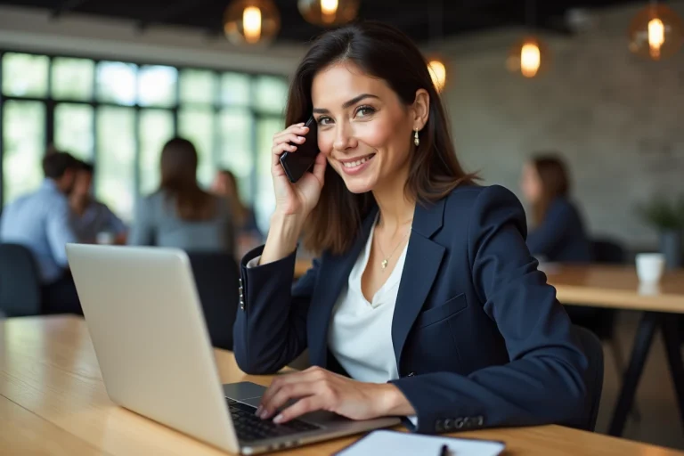 Femme confiante en coworking avec ordinateur et smartphone