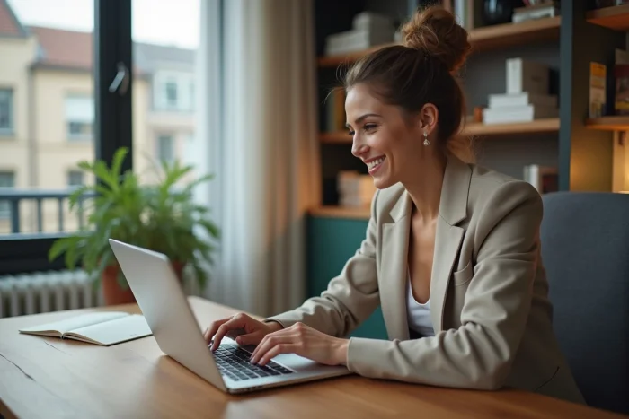 Femme consultant des annonces immobilières sur un ordinateur portable dans un bureau à domicile moderne