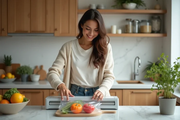 Femme scellant des légumes frais avec un appareil moderne