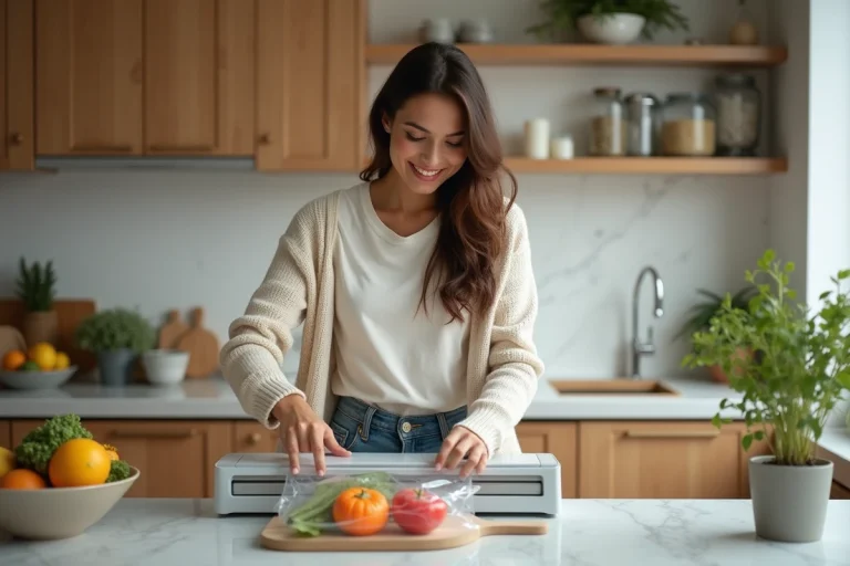 Femme scellant des légumes frais avec un appareil moderne