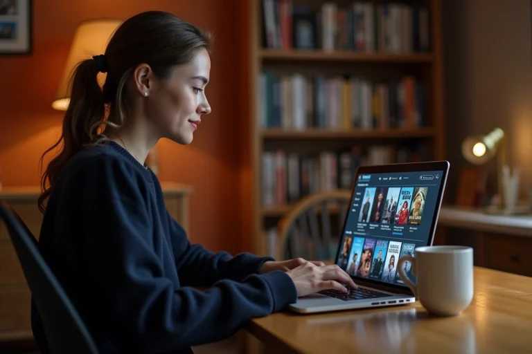 Femme consultant le nouveau site sécurisé de streaming 1 jour 1 film sur un ordinateur portable en 2026