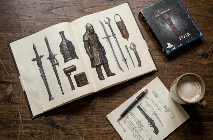 Flat lay éditorial d'un guide Bloodborne, boîte de jeu PS4 et notes manuscrites sur armes sur une table en bois sombre