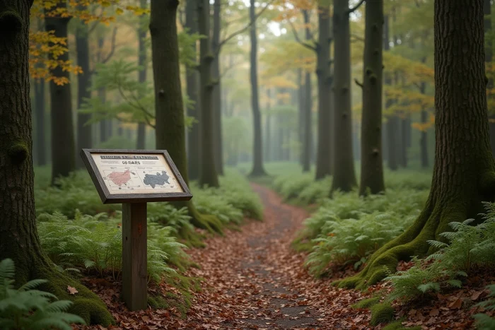 Sentier forestier en automne avec panneau d'information illustrant la superficie de 50 hectares dans une forêt tempérée européenne