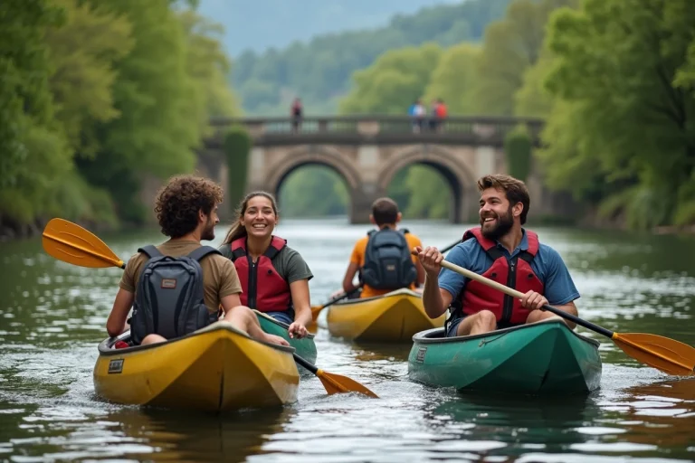 Groupe d'amis en canoë dans la campagne française