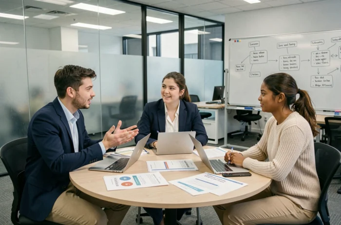 Groupe d'étudiants en séance de travail collaboratif pour préparer le concours Sesame en école de commerce