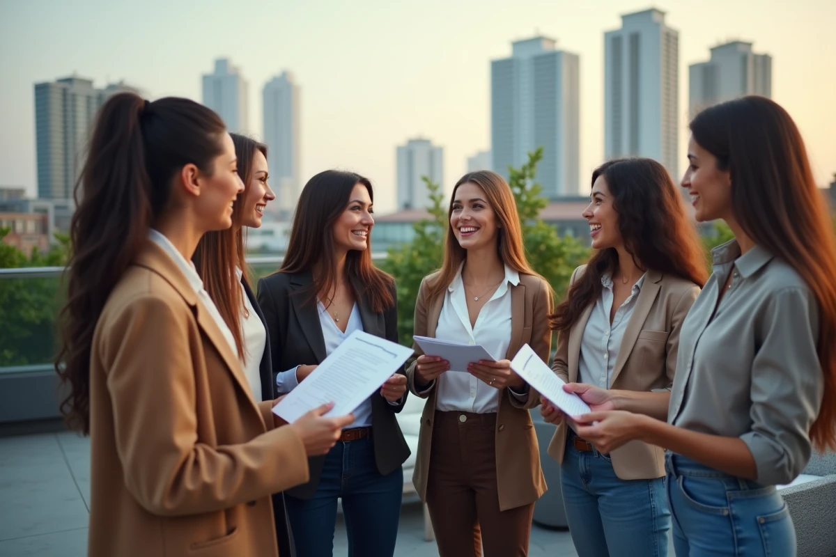 Femmes entrepreneures discutant sur un rooftop urbain