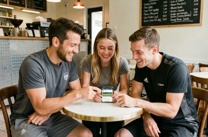 Groupe de supporters Cybervulcans discutant du forum ASM autour d'un smartphone dans un café français