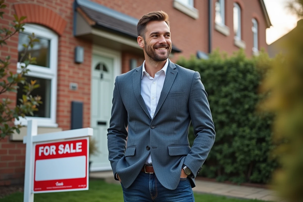 Homme confiant devant une maison vendue avec un panneau 