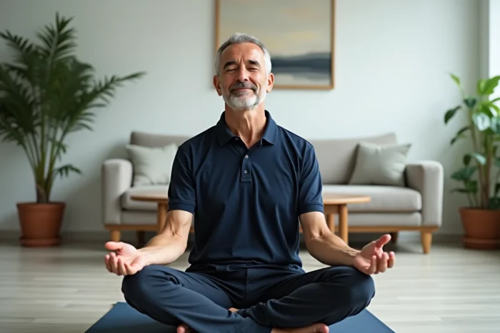 Homme en méditation sur un tapis de yoga pour stimuler les capacités cognitives et la mémoire