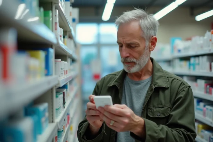 Homme en pharmacie cherchant un traitement contre les aphtes à répétition sans résultat