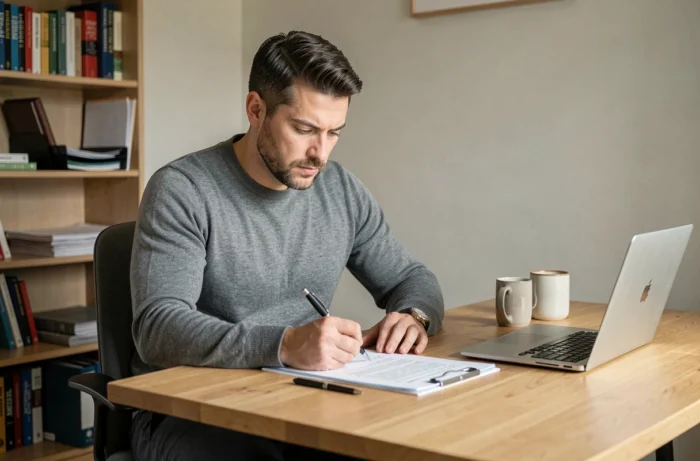 Homme préparant son CV à domicile pour optimiser sa recherche d'emploi