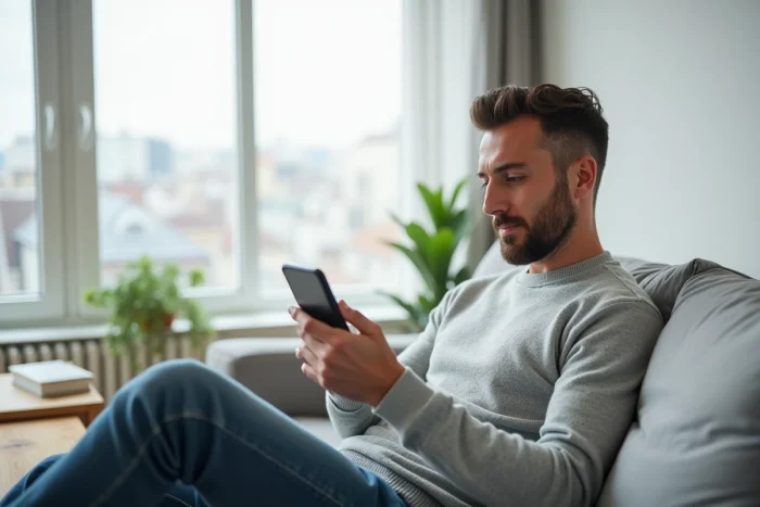 Homme recherchant des biens immobiliers sur smartphone depuis son salon moderne