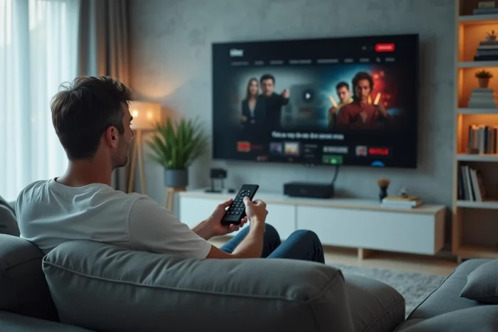 Homme regardant un film sur la nouvelle adresse officielle de 1 jour 1 film depuis son salon en 2026