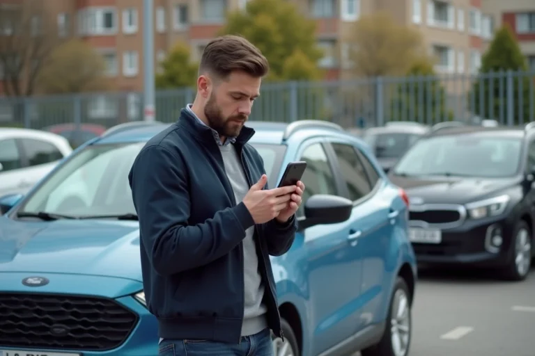 Homme en ville regardant son smartphone avec relief