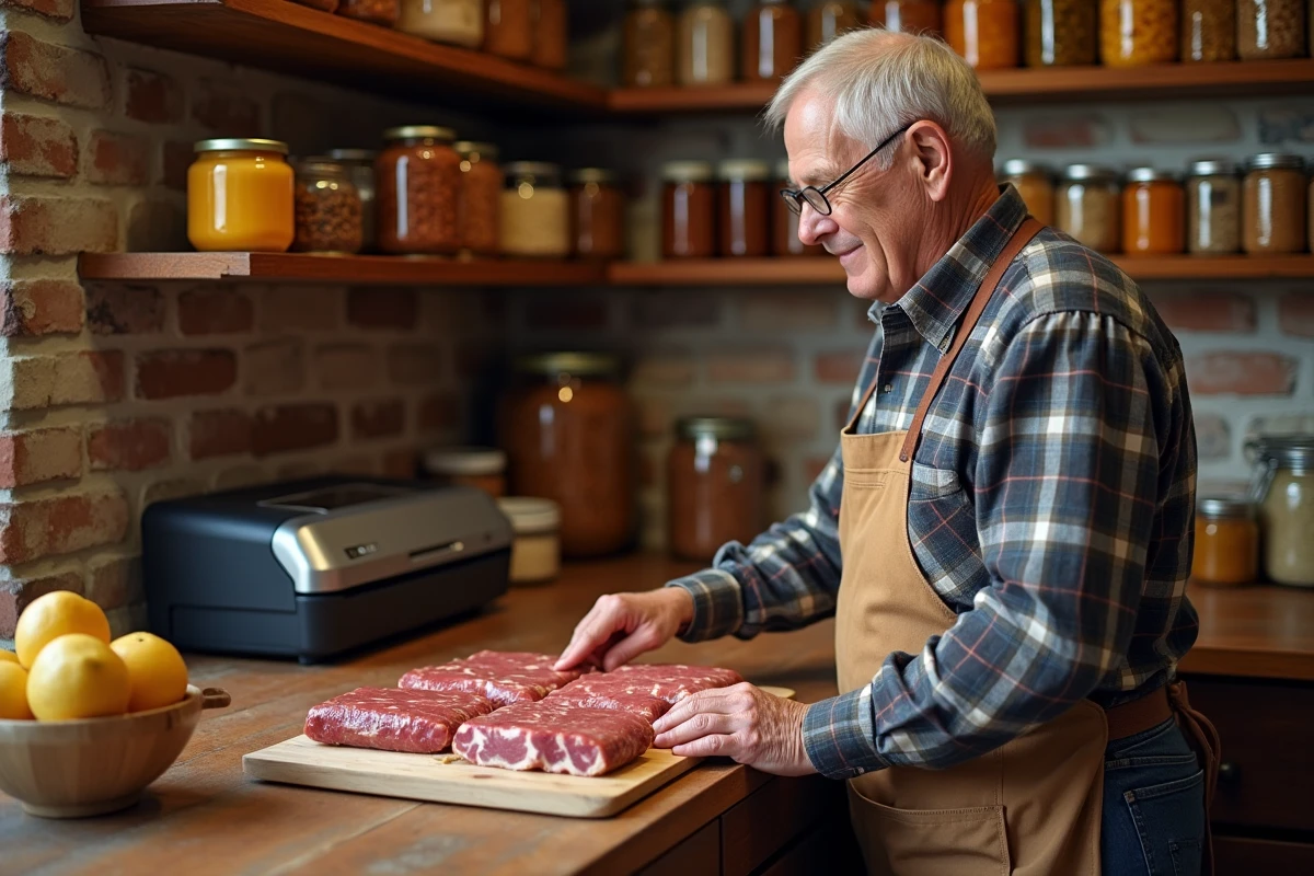 Homme âgé organisant des aliments sous vide dans un garde-manger