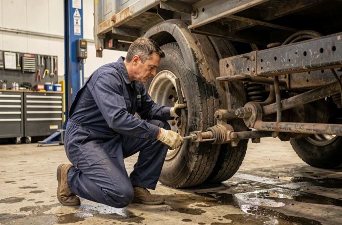 Mécanicien inspectant le châssis d'un camion benne Iveco d'occasion dans un atelier de réparation industriel