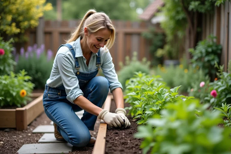 Femme en salopette plantant des herbes dans un jardin