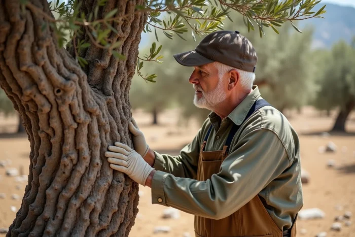 Jardinier examinant un vieux olivier dans un verger méditerranéen