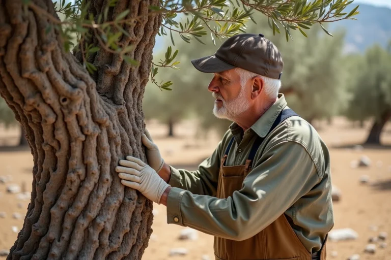 Jardinier examinant un vieux olivier dans un verger méditerranéen