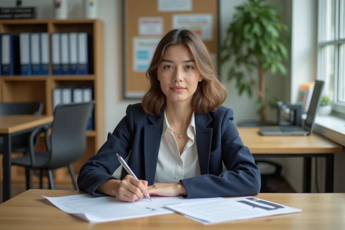 Jeune femme concentrée remplissant un dossier d'inscription universitaire
