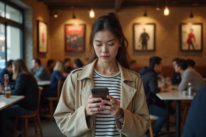 Jeune femme accédant à la nouvelle adresse sécurisée de 1 jour 1 film sur smartphone dans un café parisien
