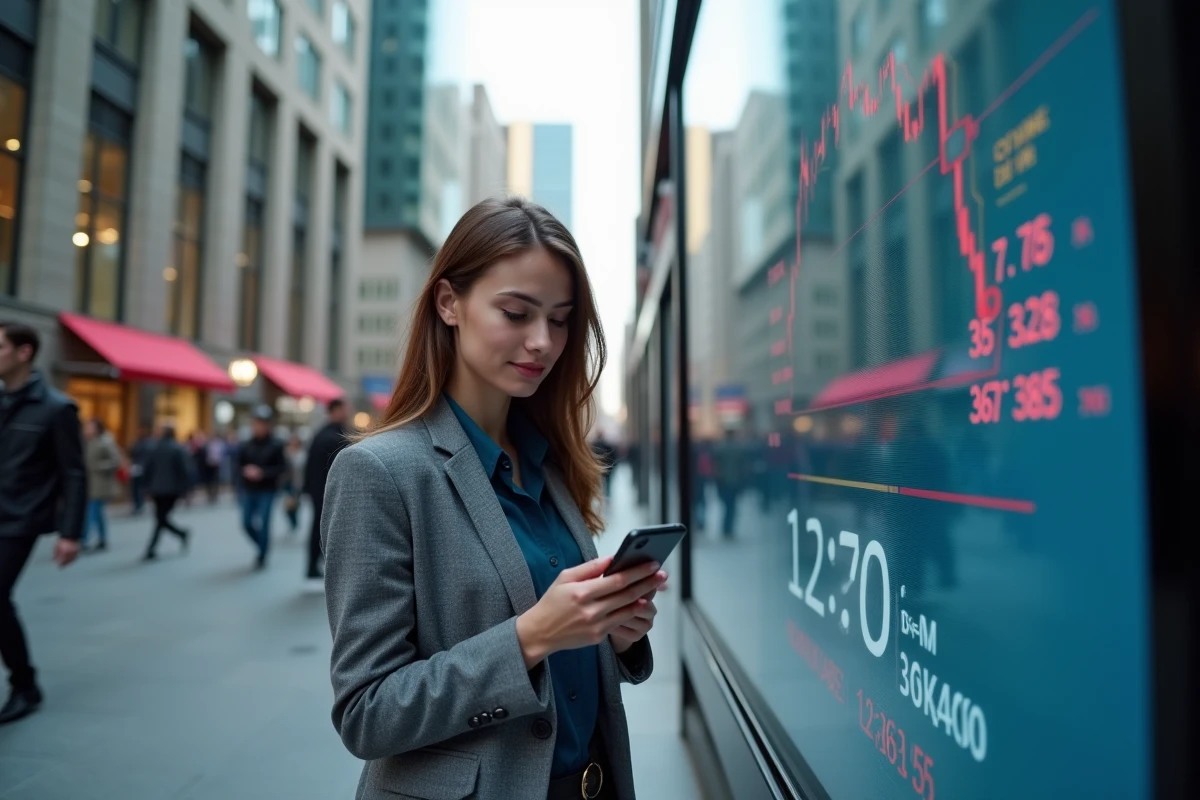 Jeune femme regardant son téléphone devant un ticker financier
