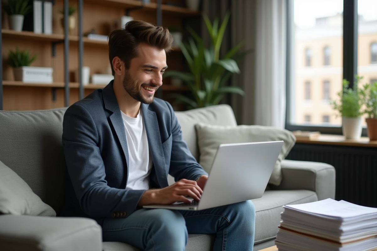 Jeune homme naviguant sur un site universitaire sur son ordinateur portable