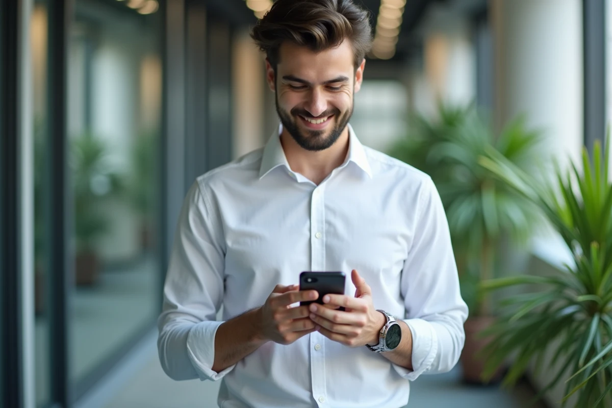 Jeune homme dans un couloir utilisant son smartphone