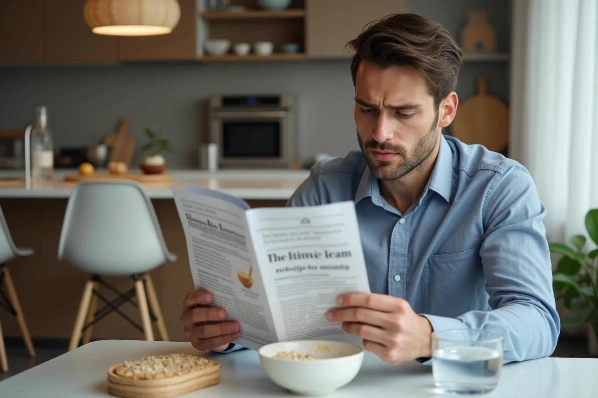 Jeune homme lit un article santé sur la crème Budwig