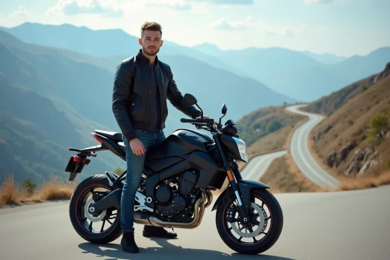 Jeune homme en moto sur un panorama de montagne