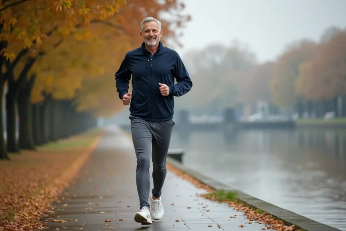 Homme d'une quarantaine d'années faisant du jogging sur un chemin de bord de rivière en automne, illustrant l'activité physique comme pratique de bien-être