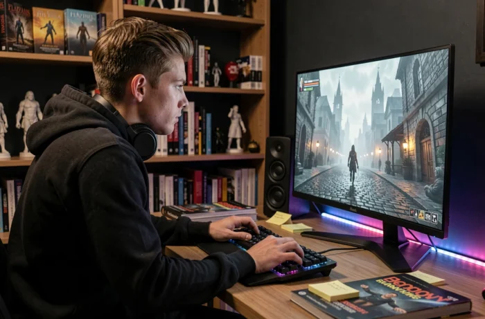Joueur concentré devant un écran affichant un RPG d'action gothique, guide de jeu Bloodborne sur le bureau