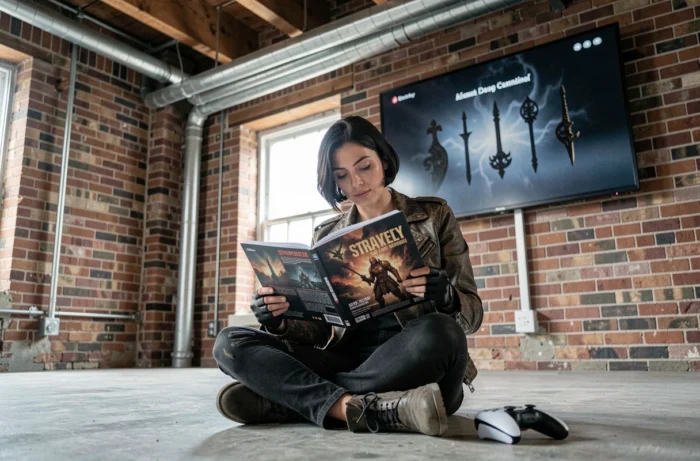 Joueuse consultant un guide stratégique de Bloodborne avec manette PS5 dans un loft industriel
