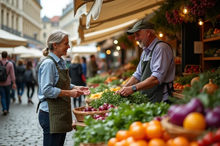 Vendeur animé sur un marché alimentaire en plein air présentant des légumes anciens et herbes fraîches à une cliente