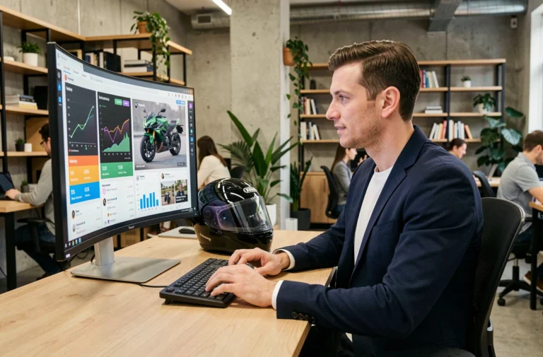 Professionnel du marketing digital analysant des données de campagne moto sur un écran dans un bureau moderne