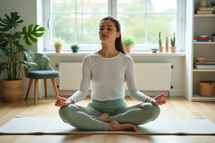 Femme pratiquant la méditation en position assise sur un tapis de yoga dans un salon scandinave épuré, pour illustrer le bien-être au quotidien
