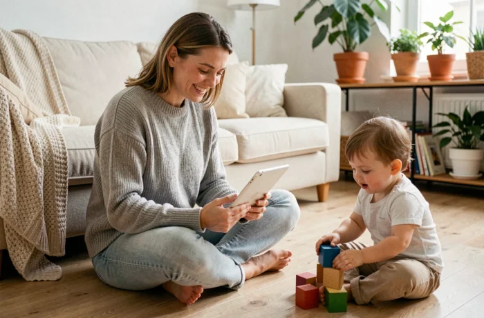 Mère épuisée mais souriante lisant un blog parentalité sur une tablette blanche, assise sur le sol avec son enfant en bas âge jouant à côté d'elle dans un salon scandinave chaleureux