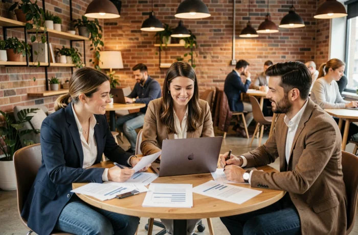 Groupe de professionnels en session de networking et coaching carrière dans un espace de coworking