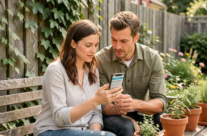 Deux parents assis ensemble sur un banc en bois dans un jardin, consultant un blog parentalité sur un smartphone et échangeant sur des conseils pour mieux gérer leur quotidien familial