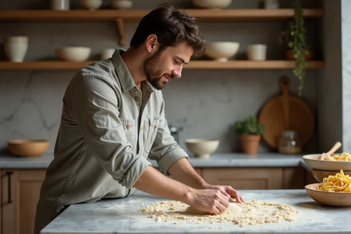 Jeune homme pétrissant de la pâte à pâtes fraîches maison sur un plan de travail en marbre dans une cuisine moderne et cosy