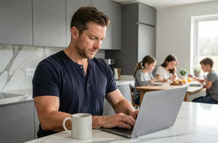 Père concentré consultant un blog parentalité sur son ordinateur portable dans une cuisine moderne au design épuré, avec une tasse de café posée à côté de lui