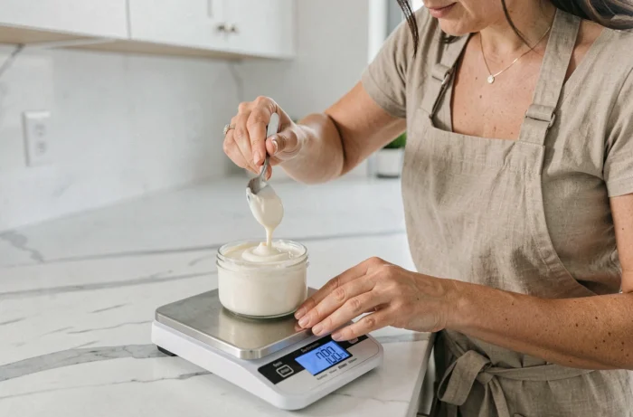 Femme en tablier de lin pesant de la crème fraîche épaisse sur une balance de cuisine numérique affichant environ 200 grammes