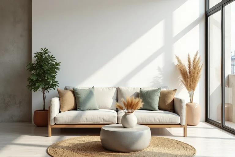 Salon scandinave moderne avec canapé en lin, table basse en béton et plantes en pot, décoré avec des tons neutres chaleureux