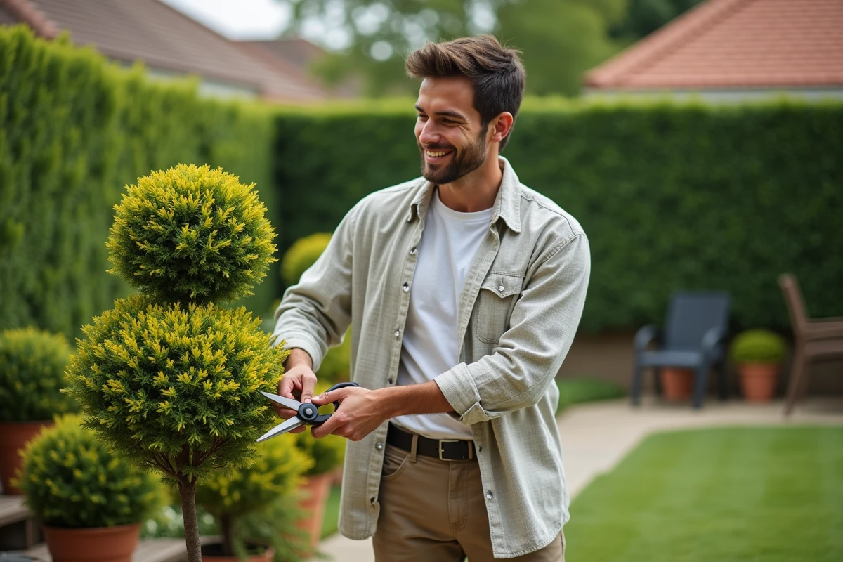 Jeune homme taillant un buisson dans un jardin